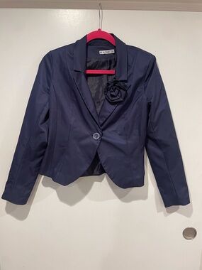 Navy Blue Blazer with Rose Embellishment by De Facto